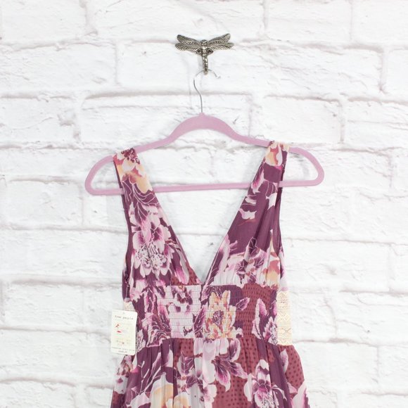 NWT! Free People Maroon Rose Floral Print Fit & Flare Shirred Summer Dress US 4 - Picture 8 of 11